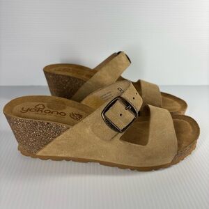 Yokono Sandals Womens 8 Leather Sandals Slip On Cork Wedge Buckle Vacation NEW